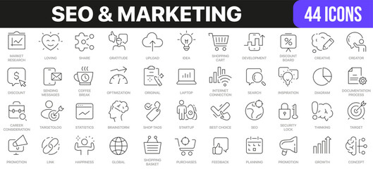 Aufkleber - SEO and marketing line icons collection. UI icon set in a flat design. Excellent signed icon collection. Thin outline icons pack. Vector illustration EPS10