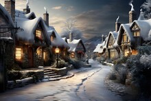Winter Village At Night With Snow Covered Houses And Blue Sky With Clouds
