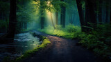 Fototapeta Natura - a long path road in a forest, wallpaper sunny scenery