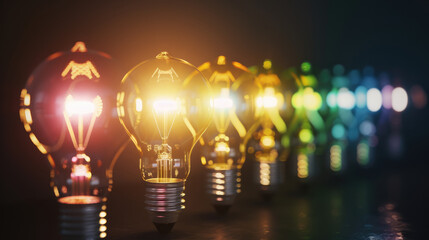 Wall Mural - diversity illuminated light bulbs in a row bokeh effect