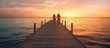 woman and man couple at the end of the wooden pier and the sea in the evening sunset