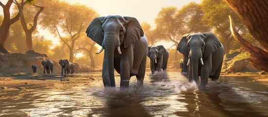 elephants crossing a shallow river at sunrise in the morning