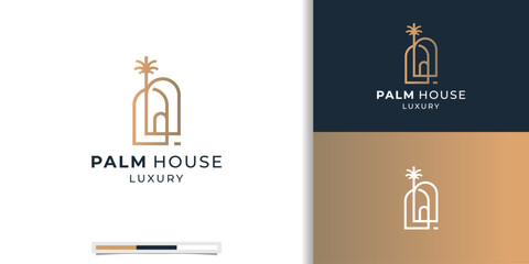 Wall Mural - minimalist palm houses logo with line art style concept. Luxury line abstract palm design inspiration.