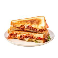 A food toasted sandwich on a plate close-up  featuring several tasty ingredients such as meat, tomato, and cheese on transparent background