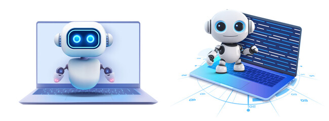 Fototapete - Futuristic Robot Interaction with Computer Technology Concept. 3D illustration of an adorable humanoid robot interacting with a laptop, depicting advanced AI technology.
