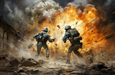 Amidst the chaos of a raging fire and billowing smoke, two brave soldiers sprint towards safety, their weapons drawn and determination fueling their escape from the violence and destruction