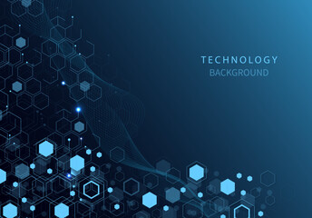Technology background with hexagons shape pattern with wave flow on dark blue