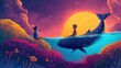 grungy noise texture art, friendship of a boy and a whale  , whimsical fantasy fairytale contemporary creative illustration, Generative Ai