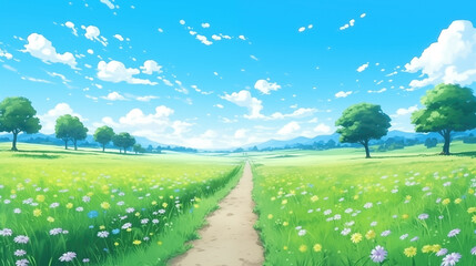 Wall Mural - a long path in summer in a flower field, trees around in anime artwork