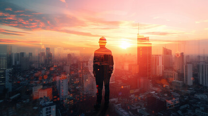 Wall Mural - The double exposure image of the engineer standing back during sunrise overlay with cityscape image. The concept of engineering, construction, city life and future.