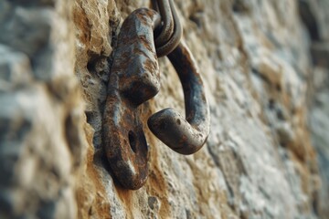 Wall Mural - A close up of a metal hook on a stone wall. Suitable for various applications