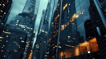 Poster - A captivating image of a city at night with tall skyscrapers reflected in the windows. Perfect for urban-themed projects and designs