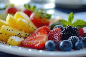 Canvas Print - A variety of fresh fruits arranged on a white plate. Perfect for healthy eating concepts and food-related designs