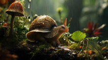 Macro Shot Of A Snail In The Forest After The Rain