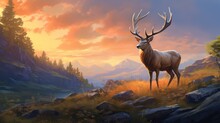 Antlered Stag Elk On Rocky Plateau, Late Afternoon Wildlife Scene. Hunting Animal Background Wallpaper.