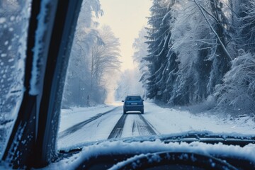 Poster - A car driving down a snow covered road. Suitable for winter travel or winter driving concept