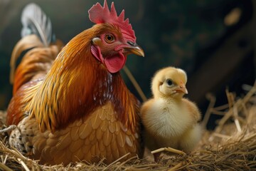 Canvas Print - A chicken and a baby chicken sitting in hay. Perfect for farm and animal-related projects