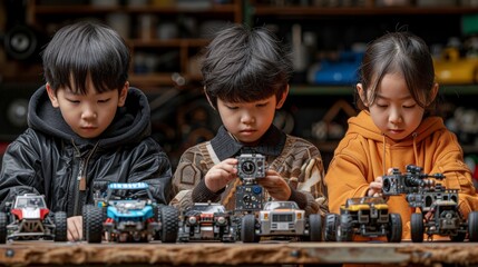 Leinwandbilder - Using robotics programing and STEM education concept, Asian teenagers work on a robot arm and robot car homework project at home.