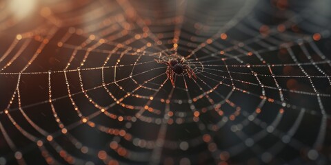 A close-up image of a spider web covered in water droplets. This picture captures the intricate details of the web and the shimmering droplets. Perfect for nature-related projects or themes