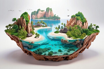 Wall Mural - 3d floating island mountains and sea