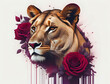 Kopf einer Löwin im Profil umgeben von 2 roten Rosen