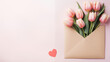Walentynki - tło na życzenia. Mockup, szablon z tulipanami,  kopertą i listem z wyznaniem uczuć miłości. Kwiaty dla zakochanej kobiety