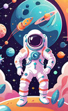 Fototapeta Uliczki - Cheerful astronaut working in space, spacewalk in deep space, repair work on space station, vector illustration, sketch banner for advertising, background for smartphone or shorts,