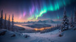 Winter Landschaft unter lila grünen Polarlichtern 