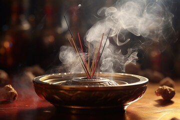 Wall Mural - Incense sticks in a bowl releasing smoke. Perfect for creating a calming atmosphere or for use in meditation and relaxation settings