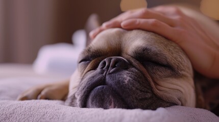 Sticker - A person gently petting a small dog on a comfortable bed. This image can be used to depict love and companionship between humans and pets