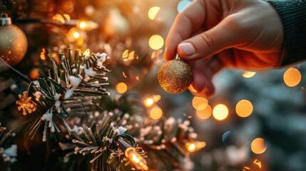 Wall Mural - A person holding a Christmas ornament in front of a Christmas tree. Perfect for holiday decorations or festive themes