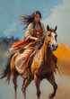 Impressionism painting . Artistic drawing of A native american girl on horse. artist canvas art oil painting collection for decoration and interior. wall art