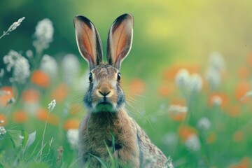 Poster - A close up of a rabbit surrounded by a field of colorful flowers. Perfect for nature lovers and animal enthusiasts