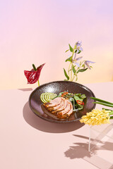 Wall Mural - Salmon Tataki against a Pastel Backdrop with Surreal Floral Accents for Spring or Summer