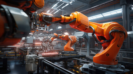 Wall Mural - Robotic arm automation in a bustling car factory with advanced machinery.	
