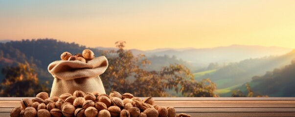 A bag of walnuts with nature background on wooden mat, panorama. Generative Ai.