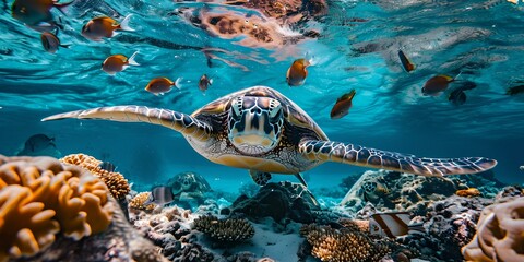 Wall Mural - Sea turtle swimming gracefully among coral reefs in vibrant underwater scene. wildlife photography, ocean life captured in natural habitat. AI
