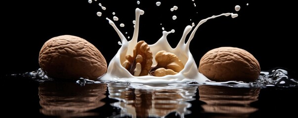 A floating open and close walnut surrounded by milk against black, panorama. Generative Ai.
