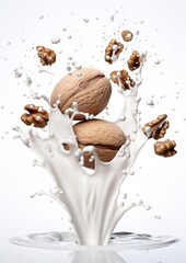 Wall Mural - A floating open and close walnut surrounded by white milk, healthy food. Generative Ai.