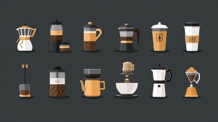 Wall Mural - A collection of coffee related items on a dark background. Perfect for showcasing the variety and beauty of coffee accessories.