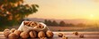 A bag of walnuts with nature background on wooden mat, panorama. Generative Ai.