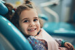smiling young girl on dentist chair, teal and violet style,
