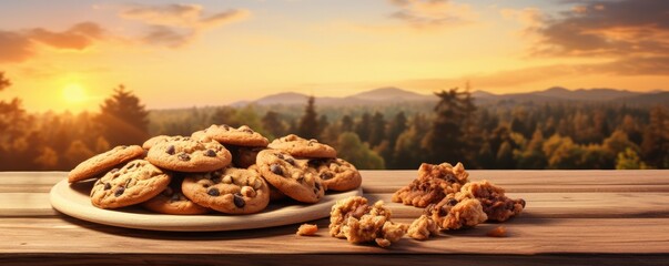 Wall Mural - Cookies with walnuts on wooden table, healthy food concept panorama. Generative Ai.