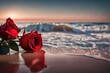 Waves with a red rose on the beach