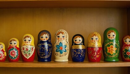 Wall Mural - A set of hand-painted nesting dolls, each one revealing a hidden surprise, on a display shelf