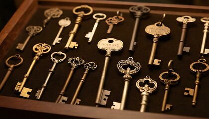 A collection of antique keys, each one unique, displayed in a glass shadow box