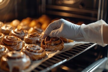 Sticker - A person in a white glove is putting cinnamon rolls in an oven. Ideal for food and baking-related projects