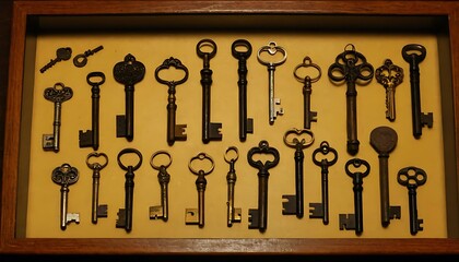 A collection of antique keys, each one unique, displayed in a glass shadow box