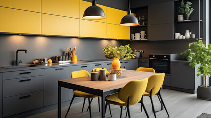 Ideas and reference for modern kitchen interior design. Bright space. Presentation and advertising of a stylish kitchen. Wood texture, matte yellow, black marble.