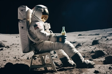 an astronaut sits on the surface of the moon and drinks beer, generative ai.